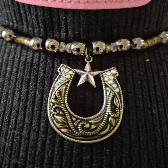 Lone Star Luxe Western Hat Band Gunmetal Beads Horseshoe Pendant USA Made - Picture 1 of 4
